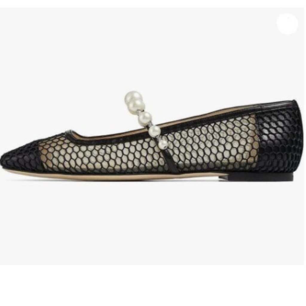 Fowt Women Square Toe Slip On Flats Pearl Studded Strap Elegant Pumps Black Mesh